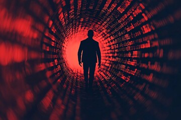 A solitary figure stands in a dark tunnel, illuminated by red light, evoking feelings of isolation and introspection.