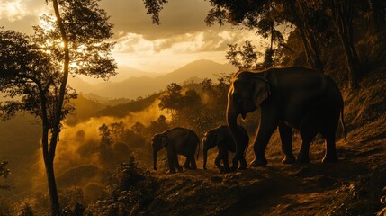 Naklejka premium A family of elephants walks through the forest at sunset, their silhouettes highlighted by the golden light.