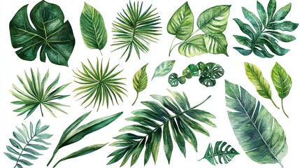 Fototapeta premium Watercolor painting of tropical leaves on white background.
