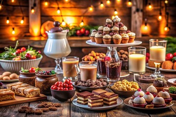 Indulge in a Colorful Candy Bar Dessert Table Featuring Milk and Cocoa Delights in a Cozy Restaurant Setting, Perfect for Sweet Food Lovers and Celebrations