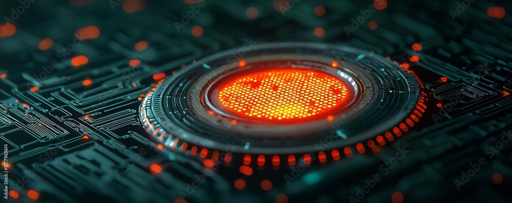 Poster close-up of a futuristic circuit board with glowing elements, representing advanced technology and i