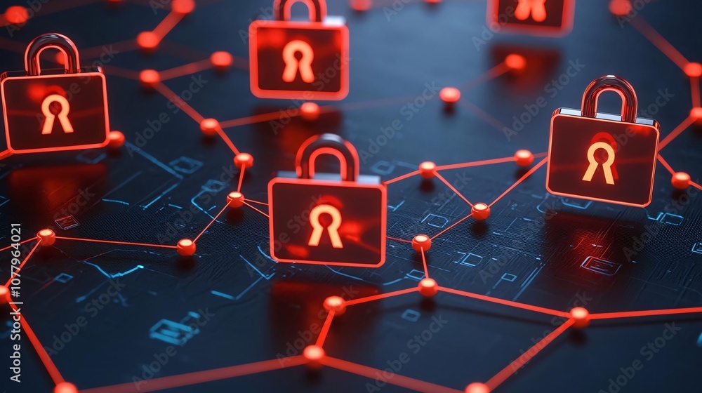 Poster digital locks on a network, representing online security and data protection in a modern technology 
