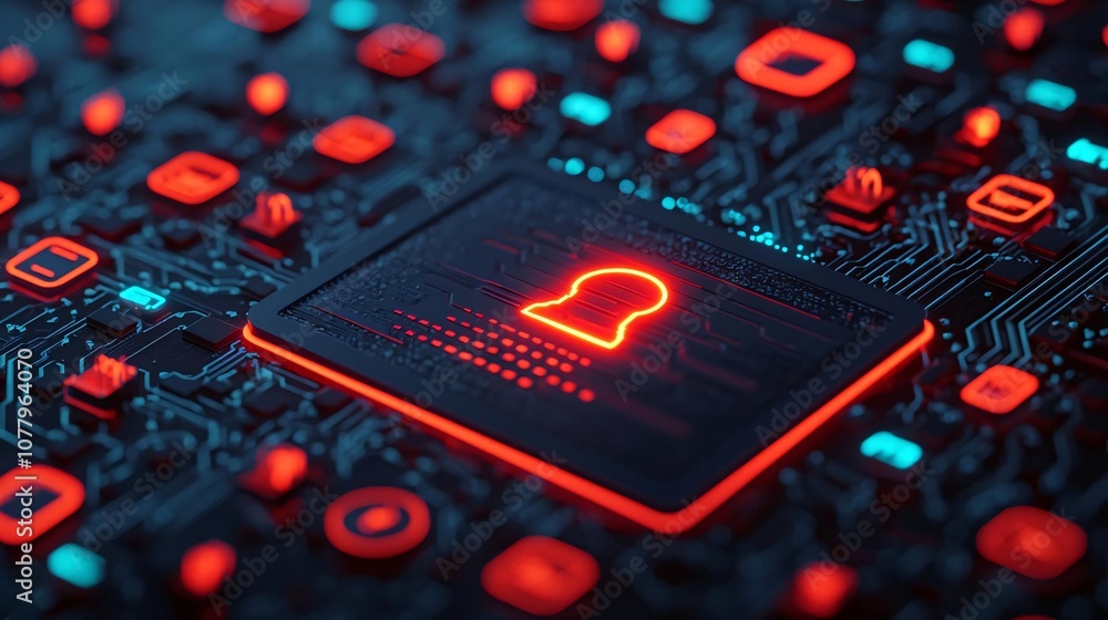 Poster digital security concept featuring a stylized lock symbol on a circuit board, representing cybersecu