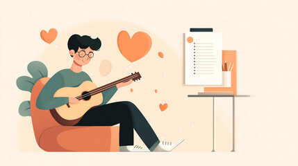 A vibrant scene of a person dedicating time to a personal hobby like playing an instrument after work with their workspace neatly organized in the background