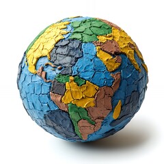A clay model of the earth with continents and oceans, isolated on a white background.