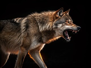 Obraz premium Intense Illustration of an Angry Bodybuilding Wolf with Glowing Lines on a Black Background, Capturing the Power and Ferocity of Nature in Low Light Photography Style