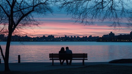 Obraz premium Silhouette of a couple sitting on a bench overlooking a cityscape at sunset.