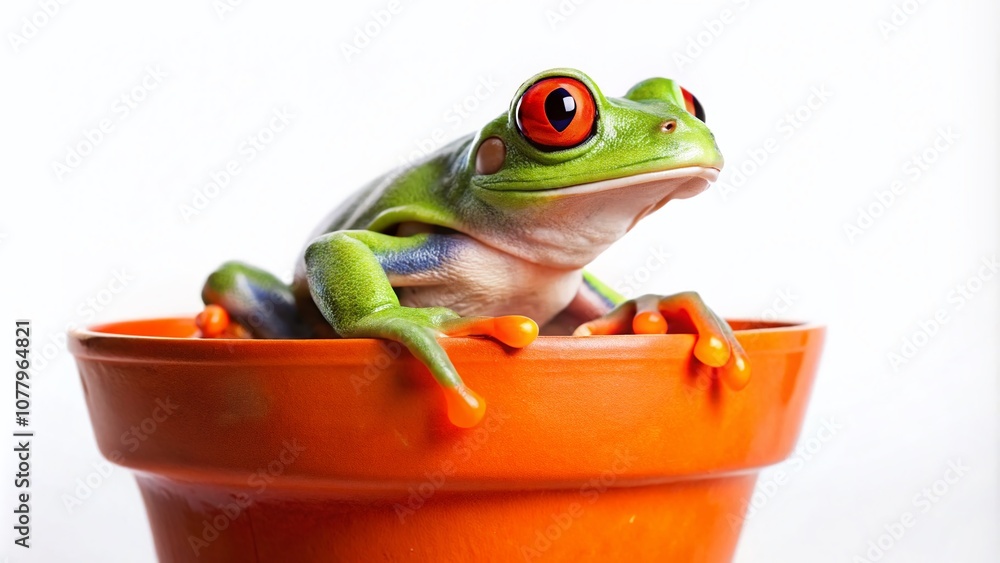 Poster Isolated Frog in a Pot on White Background with Ample Copy Space for Creative Projects and Presentations Featuring Nature and Wildlife Themes