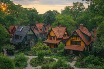 Obraz premium vibrant aerial view of a cheerful neighborhood showcasing colorful houses nestled among lush green trees with sunlight casting playful shadows
