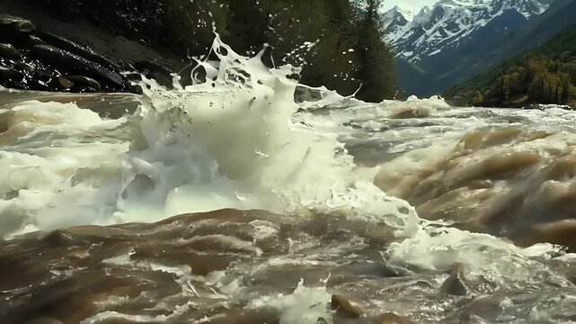 river 4K slow motion turbulent brown water floods rocky surfaces creating wild natural current perfect untamed power nature setting flowing closeup raging flood background rapid abounding flow