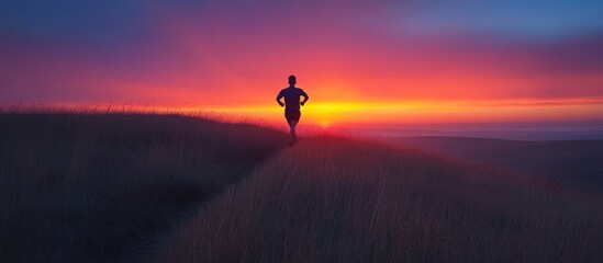 Fototapeta premium A lone runner silhouetted against a vibrant sunset, with a mountain range in the background.