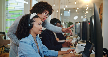 Business people, call center and coaching team on computer for help desk, support and customer service. Telemarketing, sales consultant and training with mentor for internship, advice or learning crm