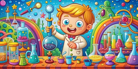 Obraz premium Little Scientist Chemist Exploring with Magnifying Glasses in a Colorful Laboratory Setting - Playful Cartoon Illustration of a Young Inventor at Work
