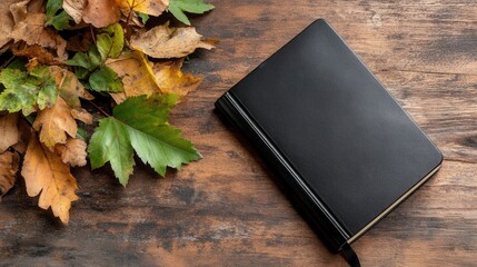 Flat lay of german reformation day with black journal and autumn leaves for seasonal celebration