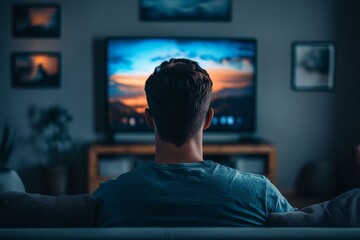 Fototapeta premium Man engrossed in viewing connected television screen in cozy living room setting