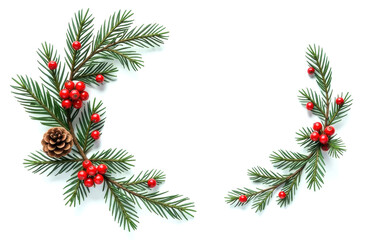Festive pine branches with red berries and pinecone on white background