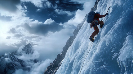 A mountain climber climbing the side of an icy, snowy peak, with dramatic clouds overhead, realistic photography