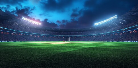 Empty cricket stadium at night with floodlights and a cloudy sky.