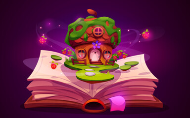 Open book about magic adventure in forest for kid. Storybook with acorn house for dwarf or elf on grass. Literature popup with fairytale fantasy scene. Legend world imagination drawing for preschool