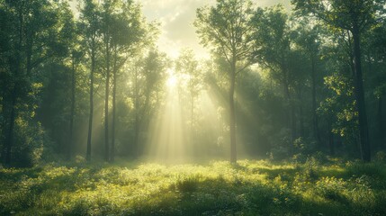 Obraz premium Sunlight beams through the trees in a misty forest.