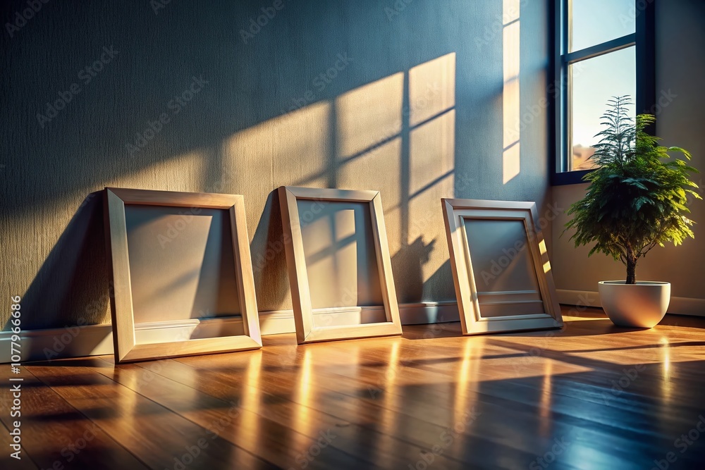 Poster low light photography of three mockup frames on the floor embraced by soft sunlight and dynamic shad