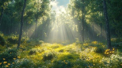 Obraz premium Sunbeams illuminate a lush forest clearing with wildflowers.