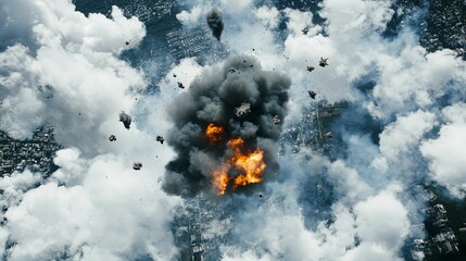 Aerial view of military aircraft dropping bombs over a city, with smoke and fire rising from the target area, capturing the intense and impactful moment of the strike.