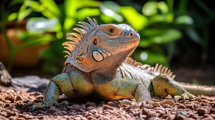 Obraz premium A green iguana lizard with a spiky crest, perched on the ground, looking to the right.