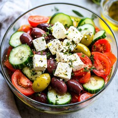 A fresh and crisp Greek salad with olives, cucumbers, tomatoes