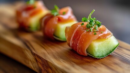 Gourmet appetizer featuring prosciutto wrapped melon slices on wooden board for summer entertaining