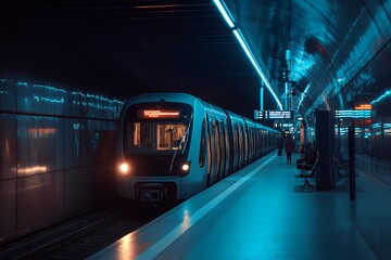 Fototapeta premium A modern train arriving at a subway station, with blue lights illuminating the platform.