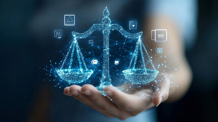 A person in a professional setting displays a balance scale, symbolizing justice, while digital icons float around, indicating the fusion of law and technology in contemporary practice.