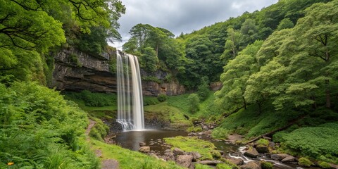 Majestic Double Exposure of Henrhyd Falls with Lush Green Foliage in a Serene Valley Setting Captured in Stunning Detail