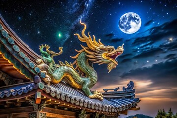 Fototapeta premium Majestic Dragon Perched on Shrine Roof Under Moonlight in Enigmatic Low Light Photography, Capturing Mystique and Serenity of Ancient Architecture and Mythical Creatures