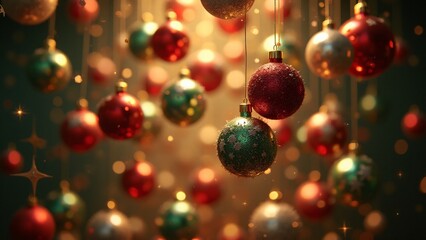 A cascade of sparkling Christmas ornaments falling through the air