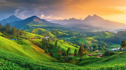 A panoramic view of a valley with rolling green hills, a small village, and a distant mountain range at sunset.