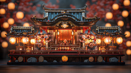 Fototapeta premium Japanese Temple Miniature with Lanterns and Decorations
