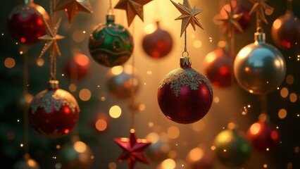 A cascade of sparkling Christmas ornaments falling through the air