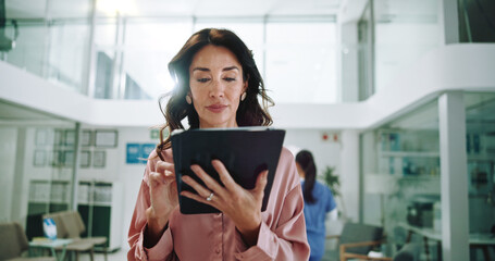 Hospital, consultant and woman on tablet for medical service, results and internet research....