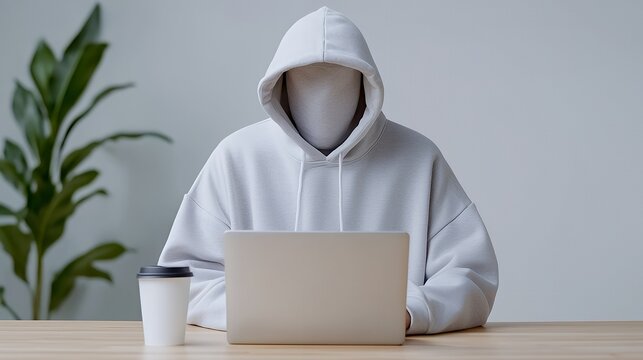 Anonymous person in a white hoodie working on a laptop.
