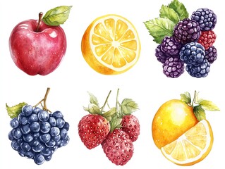 Watercolor illustration of a red apple, a half-cut lemon, a bunch of blackberries, a bunch of grapes, two strawberries and a halved orange with a lemon slice on a white background.