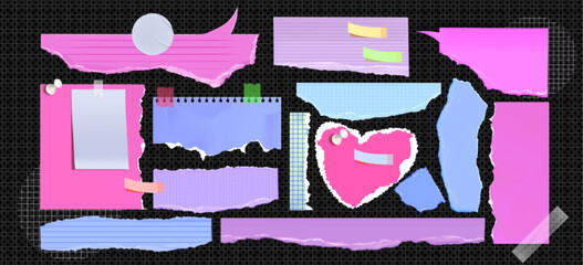 Ripped paper fragments in pink, purple and blue colors. Lined, dotted, plain torn sheets with tape pieces and pushpins. Heart and speech bubble shaped cutout scrapbook or newspaper decorative elements