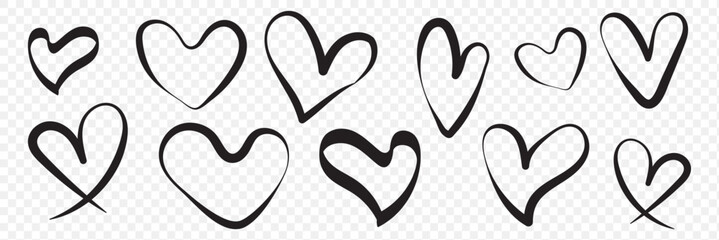 Heart doodles set. Hand drawn hearts collection. Romance and love illustrations.