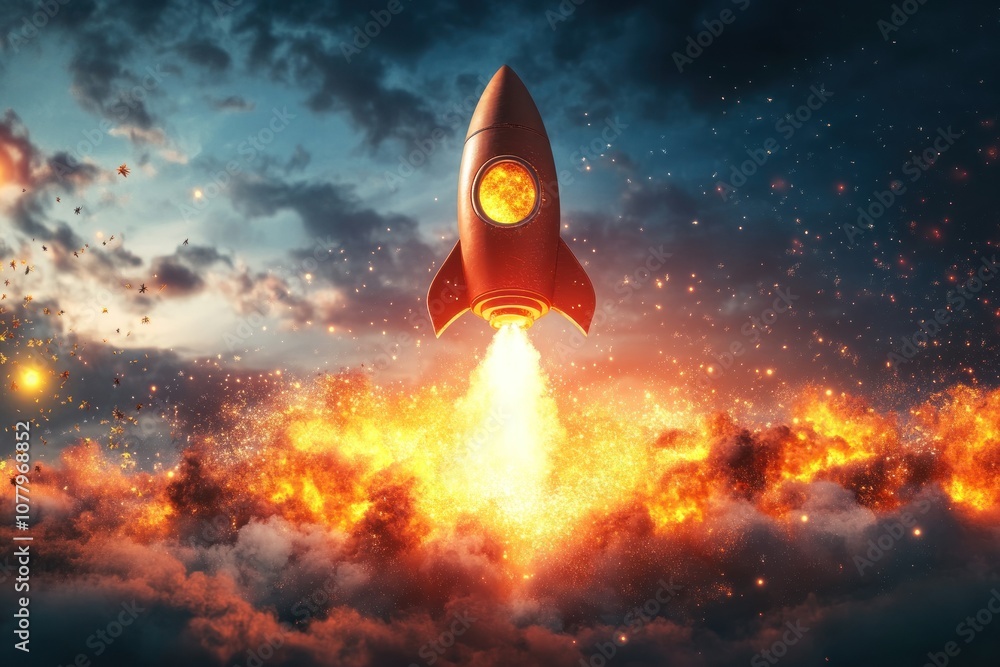 Poster a red rocket ship blasts off from a fiery launchpad against a backdrop of clouds and stars, with the