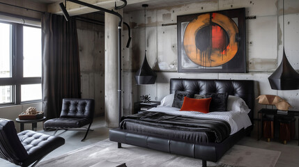 Urban chic bedroom interior design with exposed concrete walls, black leather furniture, metallic accents, and a large statement art piece above the bed.