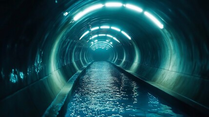 A long, dark tunnel with a stream of water flowing through it, illuminated by bright white lights at the end.