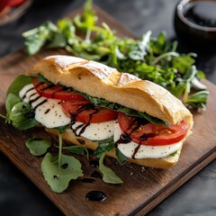 A fresh caprese sandwich with mozzarella, tomato, and basil on ciabatta bread