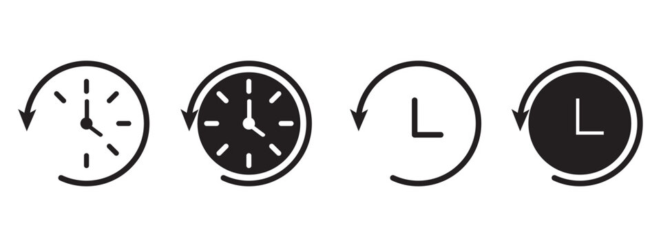 Set of clock icons. Clock, time. Hours dial. Watch time with arrow. Business deadline. Time clock icon. Wall clock vector icon. Schedule timer sign for UI designs.