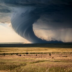 Fototapeta premium A massive tornado sweeps across the plains, tearing through everything in its path with fierce winds and towering funnels