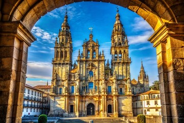 Fototapeta premium Majestic View of the Cathedral of Santiago with Stunning Architectural Details Captured Using the Rule of Thirds, Showcasing Its Intricate Facades and Surrounding Beauty
